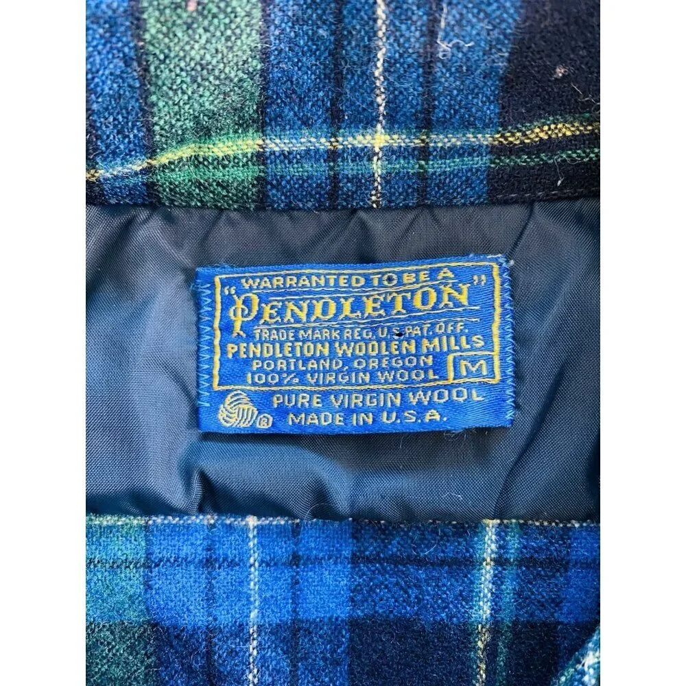 Vintage Pendleton Board Shirt Medium Blue Plaid Wool, Loop Collar, Flap Pocket